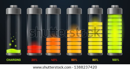 Transparent batteries charge status. Realistic mobile phone interface battery