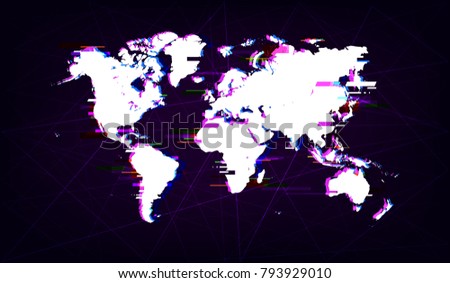 Glitch world vector map. Distorted background. Glow elements