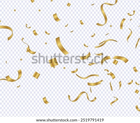 Gold confetti and ribbon streamers falling on a transparent background, Vector gold confetti Png. Confetti falling. Confetti, serpentine, tinsel. Decoration for the holiday. Birthday