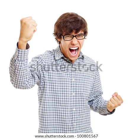 Victory screaming young man in black glasses. Isolated on white background, mask included