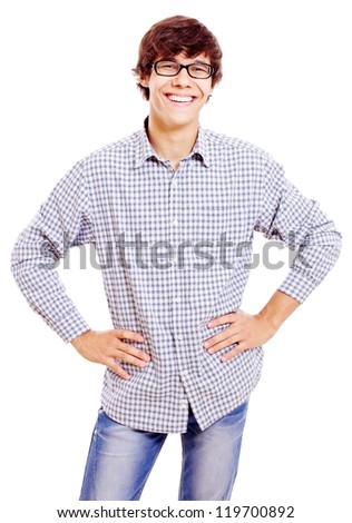 Happy college student in black glasses with hands on hips. Isolated on white background, mask included