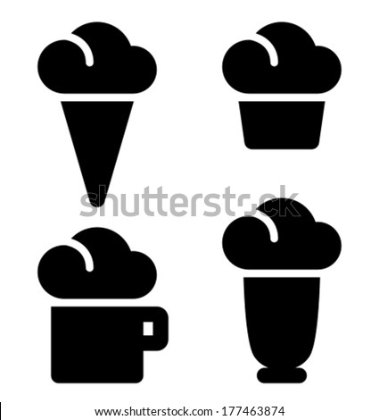 Ice cream, cake, beverage and milk shake black vector icons