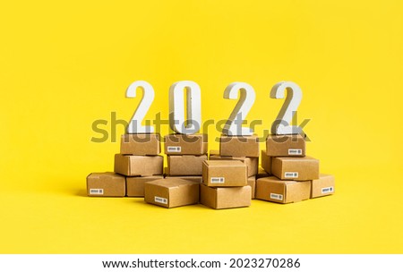 2022 Business ecommerce or export , import concepts with text number on product box order.marketplace and transportation service.copy space