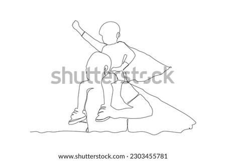 Father and son superman costumes continuous line art drawing. Hero Father and child line art. Father's day line art. Fatherhood concept line art.