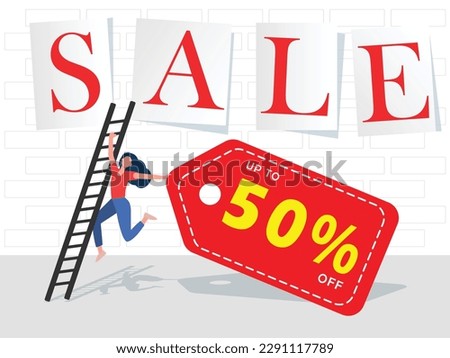 White Sale banner with red letters and flat character, special offer, discount poster