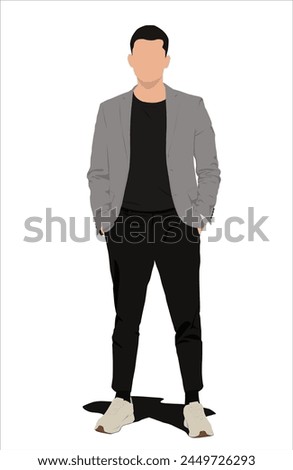 Vector illustration of a man standing, wearing a grey blazer, facing forward. The shadow, main object and background are on different layers.