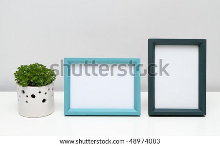 Picture Frames for Home Decoration. Photo frames and potted plant on white table.