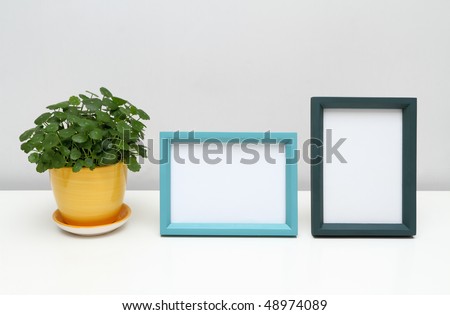 Picture Frames for Home Decoration. Photo frames and potted plant on white table.