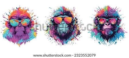 Set Bright monkey with sunglasses Graffiti style, printable design for t-shirts, mugs,