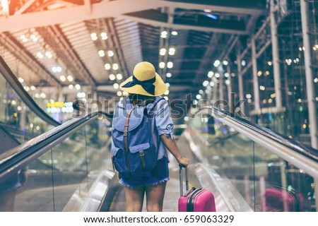 Similar – Image, Stock Photo Tourists with suitcases and masks on the platform next to the train