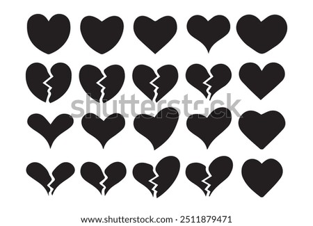 Love vector.Heart vector icons set.Broken heart,Sparkling, growing, two Hearts, beating, revolving, broken, mending, heart exclamation.Vector illustration