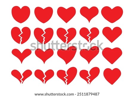 Love vector.Heart vector icons set.Broken heart,Sparkling, growing, two Hearts, beating, revolving, broken, mending, heart exclamation.Vector illustration