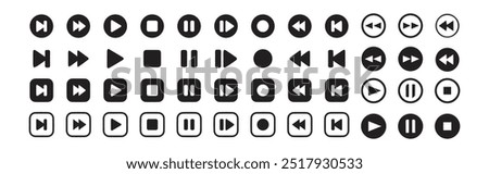 Media player control icon set, interface multimedia symbols and audio, media player buttons, music speaker volume and more.Vector Illustration EPS 10