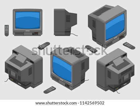 Old fashioned gray TV with remote control; Isometric television set with blue screen shown from different sides flat design; 