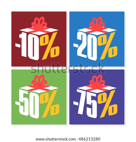 Colorful Sale 10%, 20%, 50% and 75%; Isometric Gift Discount Label Tag with different percents Isolated