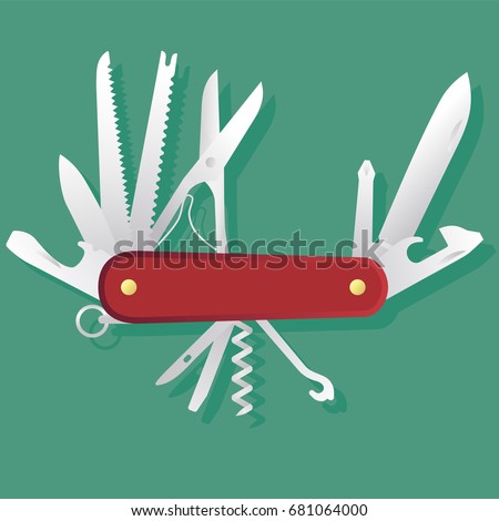 Red multifunctional pocket knife; Swiss Army folding knife, multipurpose penknife isolated 
