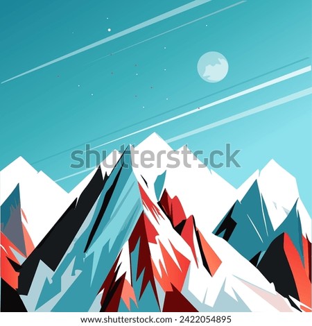 Winter Snowy Alps Mountain landscape outdoor moon sky and clouds snow sports ski Holiday travel, National Park. Europe rocky hill mount Alpine environment Hand drawn, template vector panorama scenic