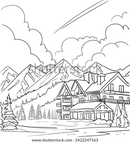 Winter Snowy Mountain Alpine landscape forest houses and Hotel village, sky clouds, snow sports ski Holiday travel, National Park. Hand drawn, template vector black white Art line sketch illustration