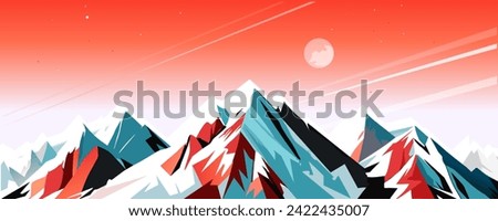 Winter Snowy Mountain Alps hill mount landscape scenery sunset sky and clouds snow sports ski Holiday travel, National Park panorama environment wallpaper art. Painting, template vector illustration
