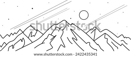 Winter Mountain landscape forest houses and village sky and clouds snow sports ski Holiday travel, National Park. Art line Hand drawn, template vector black and white Art line sketch illustration sign