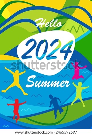 Hello Summer vacation abstract colorful background for kids camp festival event, travel family hotel swimming pool sport games brochure cover, modern design top view 2024 leisure tropical palm islands