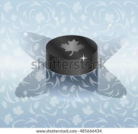 Hockey puck with shadow on abstract World Cup of Hockey 2022 background. Ice Hockey vector ice pattern. Hockey World League poster, wallpaper, puck, web banner, pack. International Championship 2023