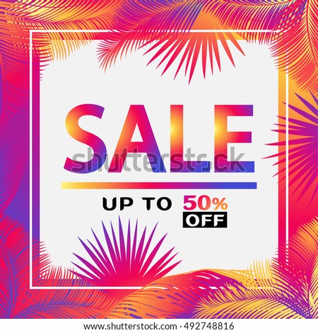 SALE. Sale up to fifty percent off, discount banner for marketing. Vector Sale discount - banner on tropical palm tree frame. Marketing. Advertising design. Instagram color. Palm tree leaves frame RIO