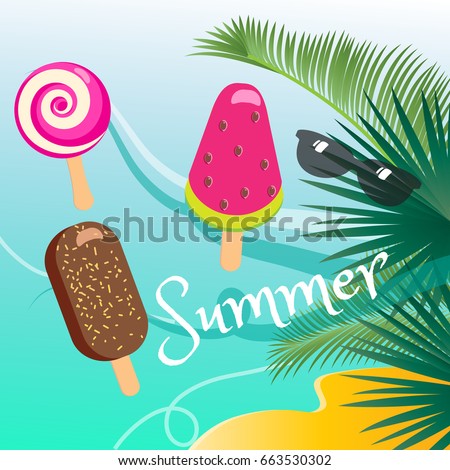 Summer tropical background with tasty ice cream, watermelon ice cream lollipop, Popsicle and palm leaf frame, Hawaii sea beach party, top view landscape Hula Hawaii Sale Vector Vacation Poster banner 
