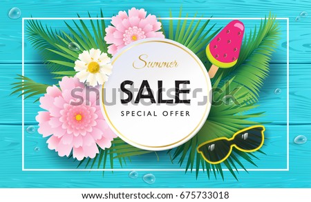 Summer final Sale special offer gift banner. Hawaii Beautiful exotic flowers frame, ice cream, tropical palm leaves background blue wood texture pattern. Hula of Hawaii. Business voucher poster design