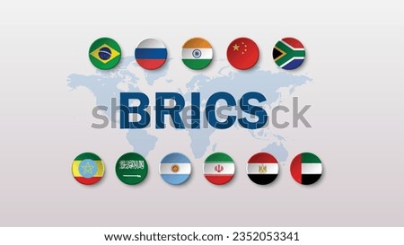 Brazil Russia India China, South Africa , Argentina, Egypt, Ethiopia, Iran, Saudi Arabia and United Arab Emirates flag  for new BRICS country economic international cooperation concept by 3d 