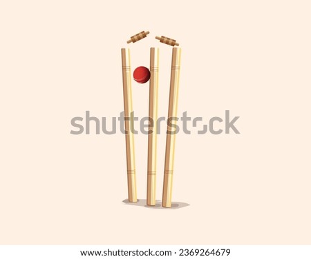 Cricket ball hitting wicket stumps knocking bails out against white background.  bowler and cricket elements 3D