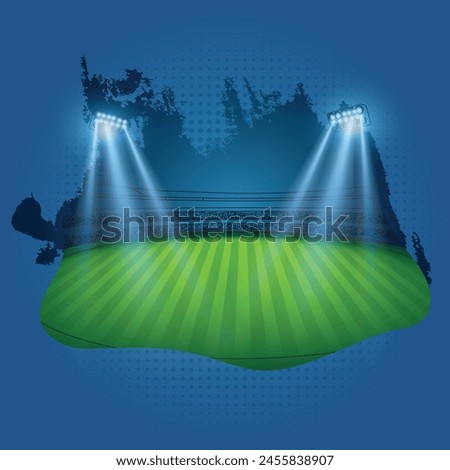 Night Cricket stadium illustration vector. Grand stadium full of spectators expecting an evening match on the green grass field. Football night stadium blue background.