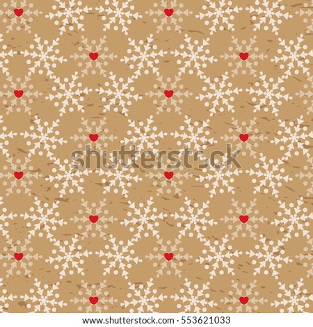 Snowflakes with hearts pattern on kraft paper background in hipster style. Pattern for Valentine's Day. Gift wrapping paper design.