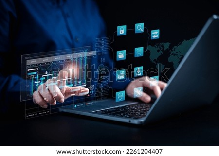 Similar – Image, Stock Photo Businessman finger touch  virtual screen digital podcast. Technology internet online Concept.