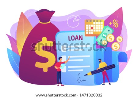 Bank credit. Finance management. Loan agreement signing. Mortgage money credit. Loan disbursement, quick loan service, easy credit program concept. Bright vibrant violet vector isolated illustration