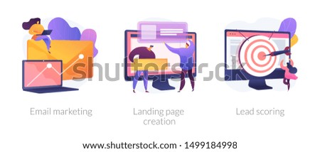 Web design and targeted advertisement flat icons set. Newsletter digital promotion. Email marketing, landing page creation, lead scoring metaphors. Vector isolated concept metaphor illustrations