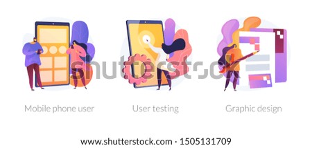 App creation steps icons set. User interface development, bug fixing, public release. Mobile phone user, user testing, graphic design metaphors. Vector isolated concept metaphor illustrations