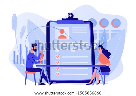 Employer meeting job applicant at pre-employment assessment. Employee evaluation, assessment form and report, performance review concept. Living coral blue vector isolated illustration Stockfoto © 
