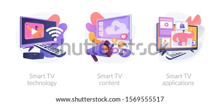 Modern television technology metaphors set. Smart TV, content, applications. Network connected interactive device. Internet TV, broadcasting media. Vector isolated concept metaphor illustrations