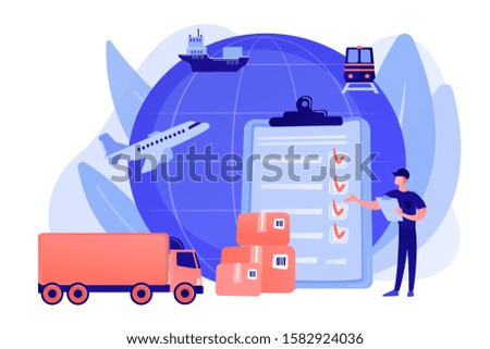 Orders worldwide shipment service agreement. Customs clearance, calculation of customs duties, professional customs clearance services concept. Pinkish coral bluevector isolated illustration