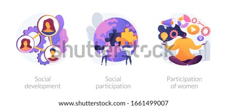 Social engagement metaphors. Participation in society, community involvement, social group. Participation of women. Norms of behaviour abstract concept vector illustration set.