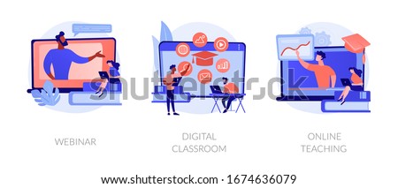 Educational web seminar, internet classes, professional personal teacher service icons set. Webinar, digital classroom, online teaching metaphors. Vector isolated concept metaphor illustrations