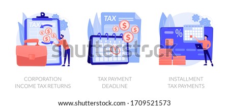 Tax payment conditions flat icons set. Deductible revenue. Corporation income tax returns, tax payment deadline, instalment tax payments metaphors. Vector isolated concept metaphor illustrations