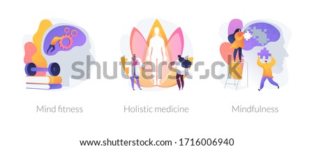 Mental and physical health treatment abstract concept vector illustration set. Mind fitness, holistic medicine, mindfulness, whole body treatment, mental calmness, meditation abstract metaphor.