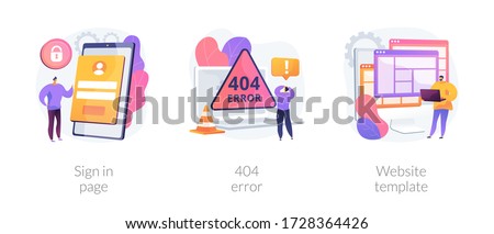 Website page interface abstract concept vector illustration set. Sign in page, 404 error, website template, user login form, UI, new account registration, landing page, web design abstract metaphor.