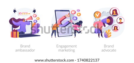Internet marketing abstract concept vector illustration set. Brand advocate and ambassador, engagement marketing, brand representative, trademark, smm marketing strategy, awareness abstract metaphor.