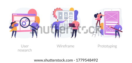 UX design abstract concept vector illustration set. User research, wireframe, prototyping, design project, online survey, reports and analytics, web page layout, website navigation abstract metaphor.