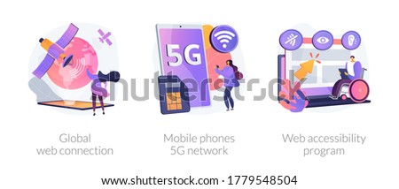 Global network communication abstract concept vector illustration set. Global web connection, mobile phones 5G network, web accessibility program, satellite, GPS technology internet abstract metaphor. Photo stock © 