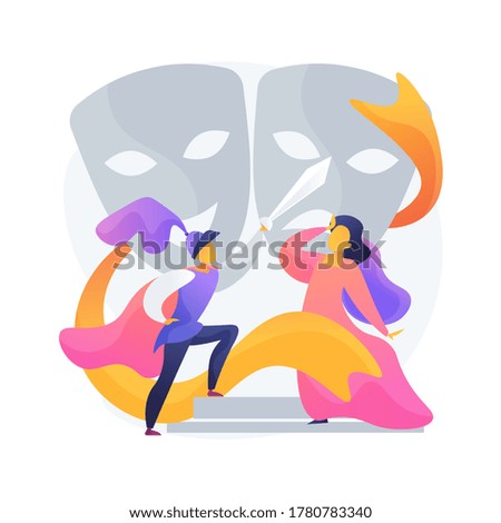 Theatre premiere night. Actor and actress on stage. Classic play, drama piece, tragedy scene. Broadway showtime. Acting masks as decoration. Vector isolated concept metaphor illustration.