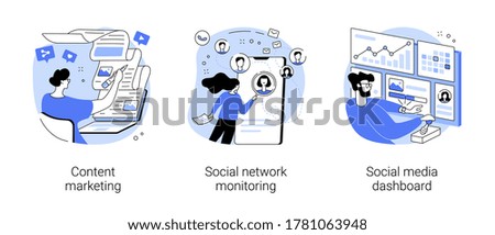 SMM strategy abstract concept vector illustration set. Content marketing, social network monitoring, social media dashboard, digital marketing, user engagement, report analysis abstract metaphor.